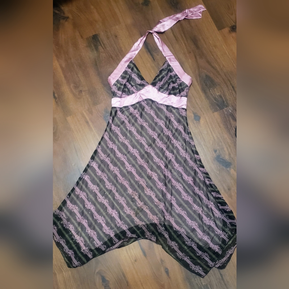 Pink/Brown Dress, halter tie, asymmetrical bottom, size M